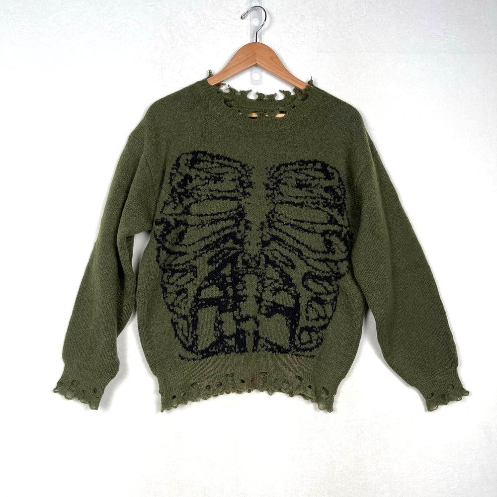 Goth Skeleton Rib Cage Distressed Super Soft Sweater Halloween Vibes Women Large - Picture 2 of 8